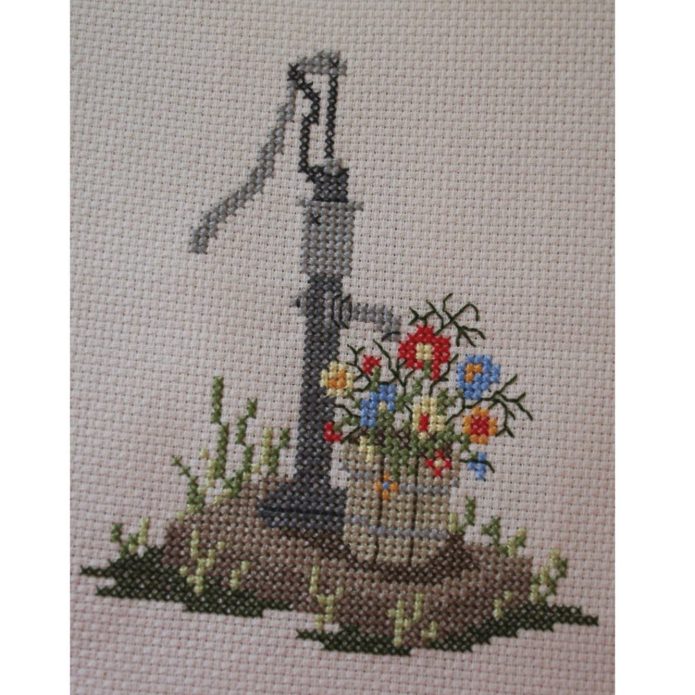 Cross stitching water well & flower pot